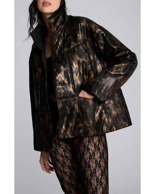 Kenneth Cole Black Animal Print Foiled Satin Seamed Puffer Jacket