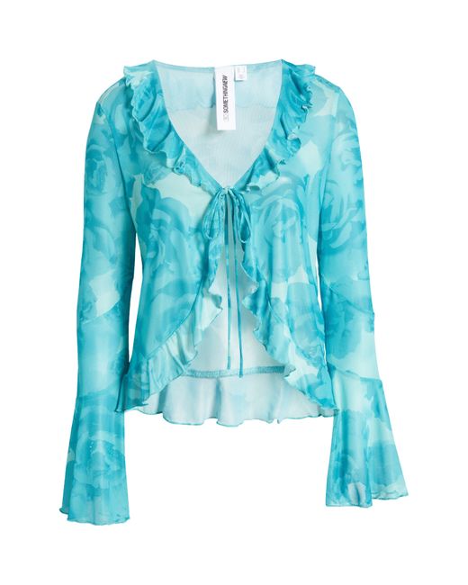 Something New Blue Coco Ruffle Tie Front Top