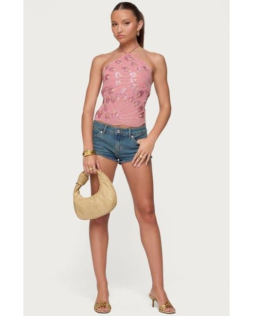 Edikted Purple Beaded Sequin Open Back Halter Top
