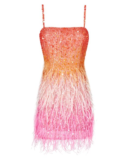 Nadine Merabi Pink Cassie Ostrich & Turkey Feather Trim Minidress