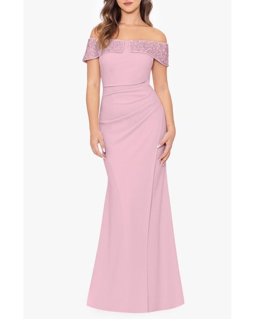 Betsy & Adam Pink Bead Detail Off The Shoulder Scuba Crepe Sheath Gown