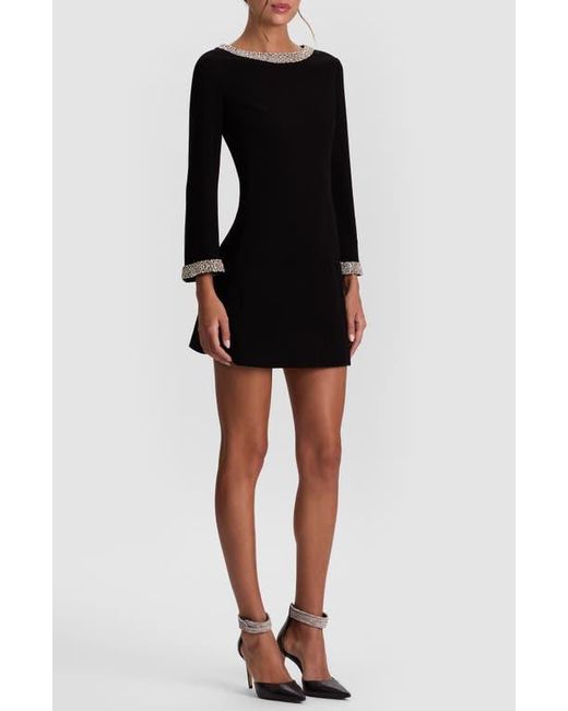 Alice + Olivia Black Mailynn Crystal Embellished Bell Sleeve Satin Minidress