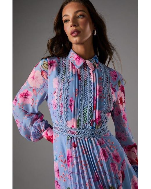 Coast Purple Pleated Lace Trim Long Sleeve Midi Dress