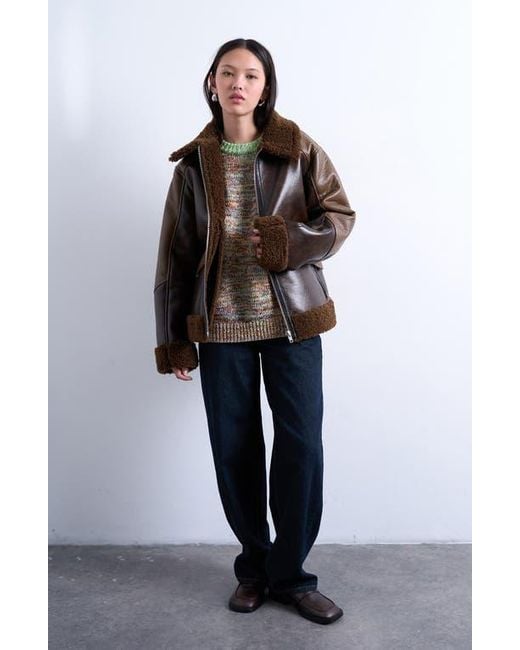 TOPSHOP Brown Faux Shearling & Faux Leather Patchwork Jacket