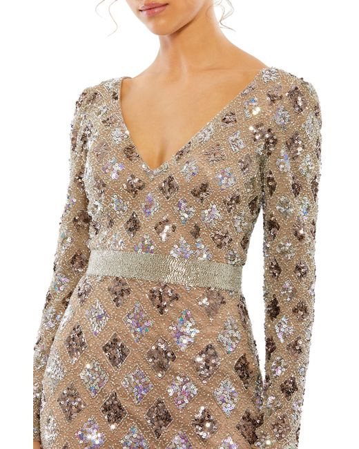 Mac Duggal Natural Long Sleeve Sequin Trumpet Gown