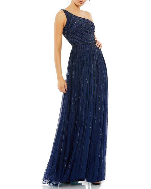 Mac Duggal Blue Embellished One Shoulder A-Line Gown