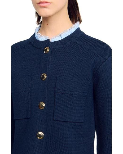 Sandro Blue Cardigan With Detachable Ruffle Collar