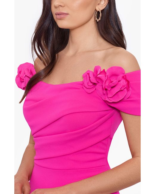 Betsy & Adam Pink Rosette Off The Shoulder Scuba Gown