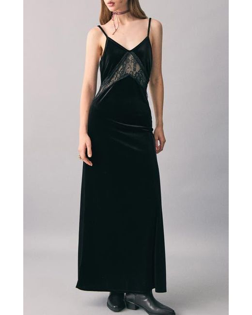 MANGO TEEN Women's Black Lace Trim Velvet Maxi Dress