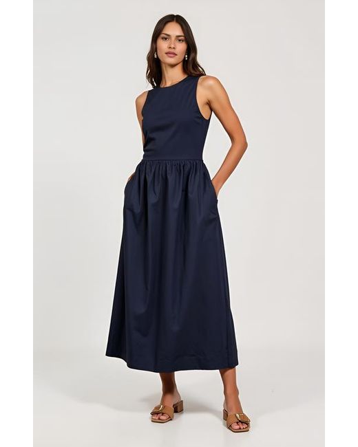 Modenaire Blue Sleeveless Crewneck Midi Dress With Gathered Waist And Pockets