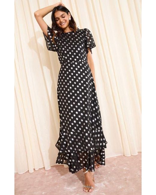 Friends Like These Foil Polka Dot Chiffon Maxi Cocktail Dress in Black |  Lyst