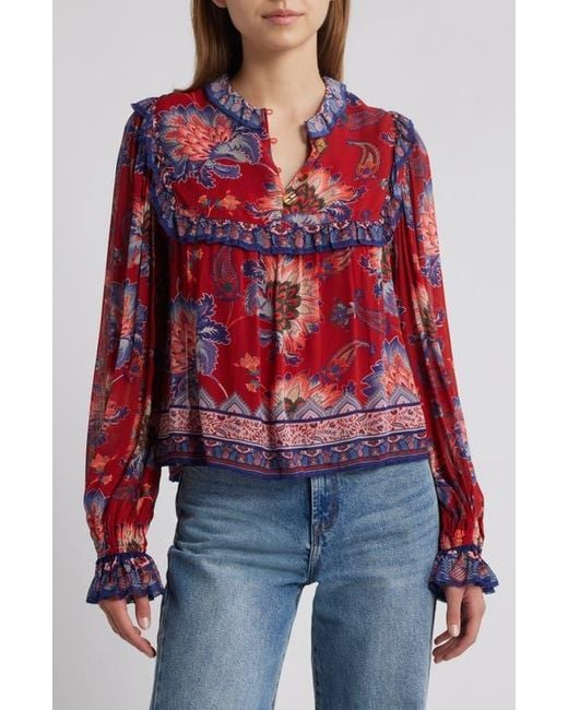 Farm Rio Red Luang Long Sleeve Popover Top