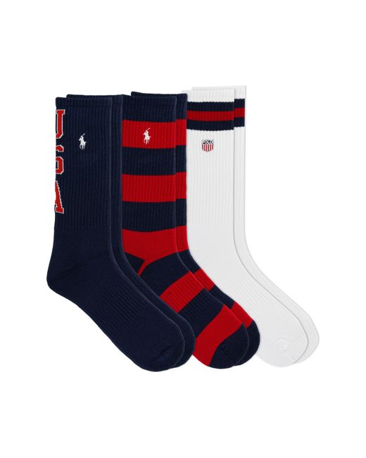 Polo Ralph Lauren Blue Assorted 3-pack Stripe & Solid Crew Socks for men
