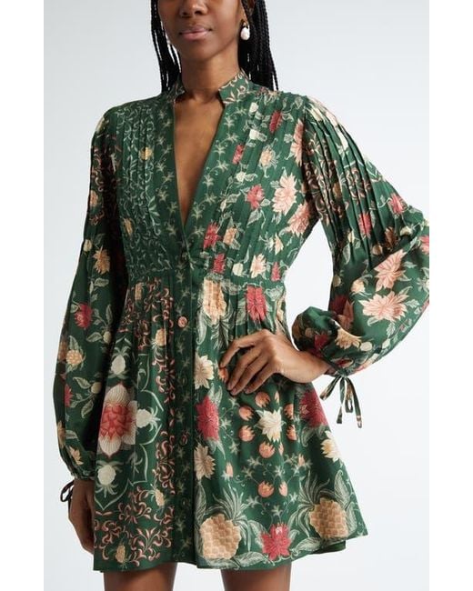 Farm Rio Green Pineapple Garden Long Sleeve Button Front Minidress