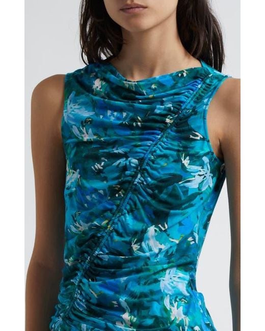 Ulla Johnson Blue Medea Floral Ruched Sleeveless Top