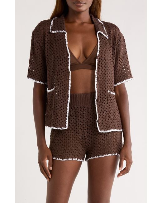 Elan Brown Crochet Button-Up Cover-Up