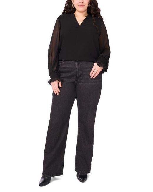 Vince Camuto Black Split Neck Sheer Long Sleeve Chiffon Top