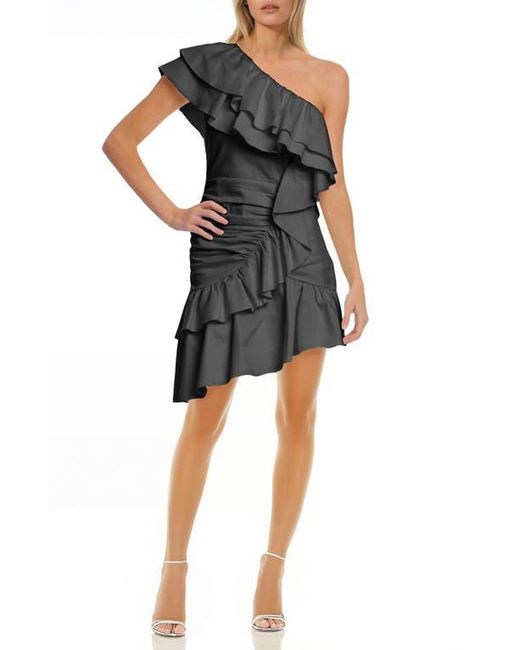 Badgley Mischka Black Ruffle One-Shoulder Asymmetric Cocktail Minidress