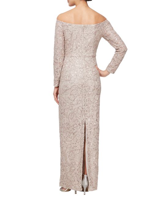 Alex Evenings Natural Floral Embroidered Sequin Off The Shoulder Long Sleeve Gown