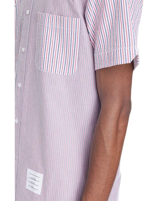 Thom Browne Purple Straight Fit Stripe Short Sleeve Cotton Seersucker Button-down Shirt for men