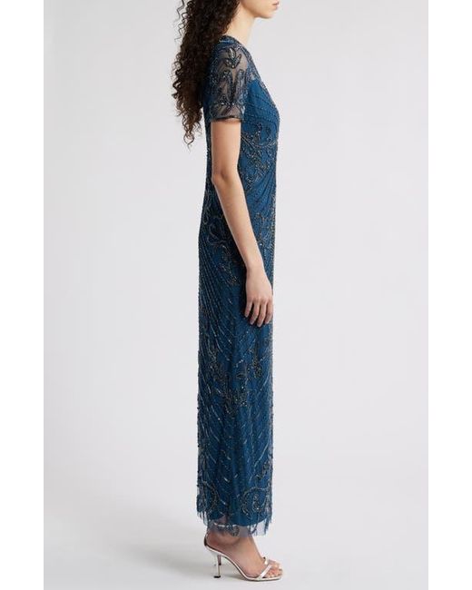 Pisarro Nights Blue Illusion Beaded Mesh Column Gown