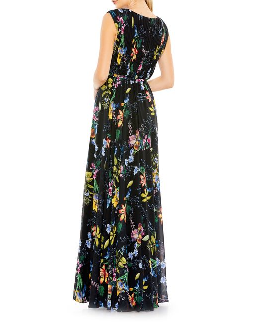 Mac Duggal Black Floral Pleated Sleeveless Gown