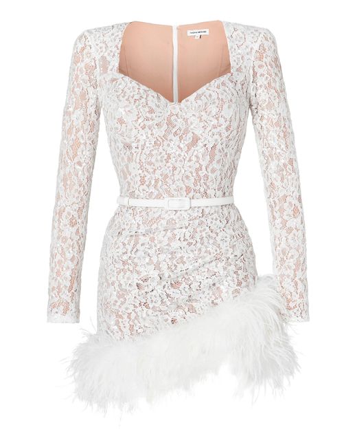 Nadine Merabi White Carly Sequin Lace Feather Trim Long Sleeve Minidress