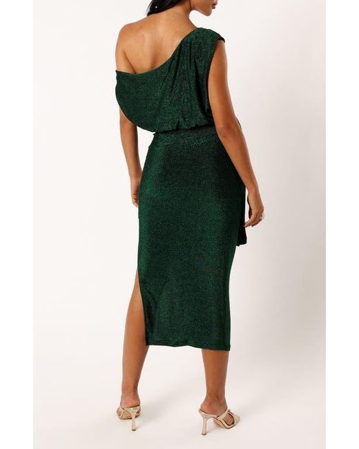 Petal & Pup Green Santiago Metallic Side Tie One-Shoulder Midi Dress