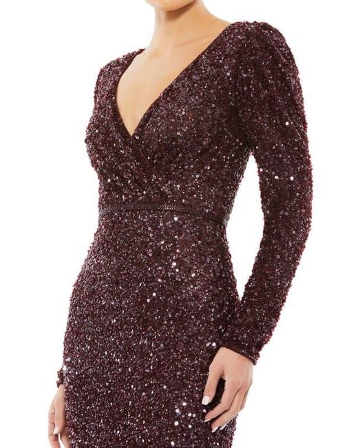 Mac Duggal Purple Puff Shoulder Sequined Surplice Gown