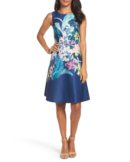 Adrianna Papell Blue Scuba Fit & Flare Dress