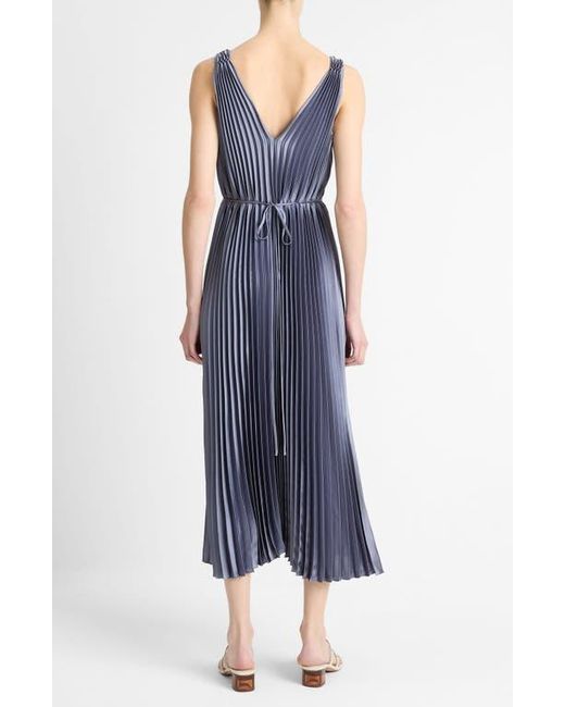 Vince Blue Hand Smocked Pleated Sleeveless Midi Dress