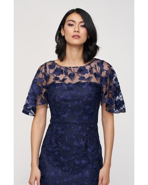 JS Collections Blue Brooke Floral Embroidered Column Gown