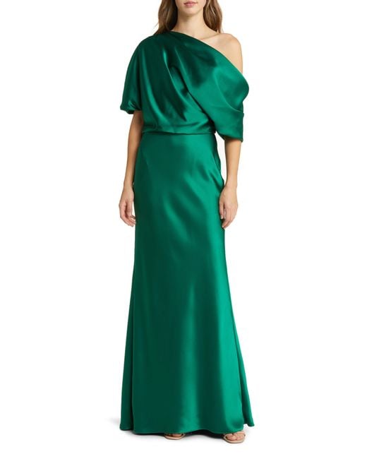 Amsale Green One-shoulder Fluid Satin Gown