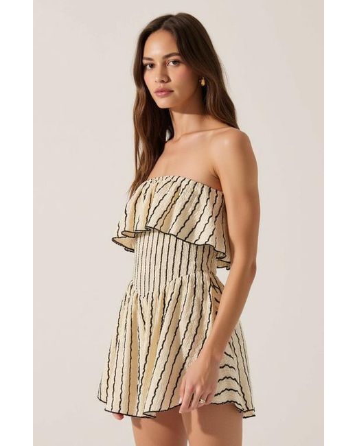 Modenaire Natural Textured Strapless Mini Dress With Ruffled Bodice And Fitted Waist