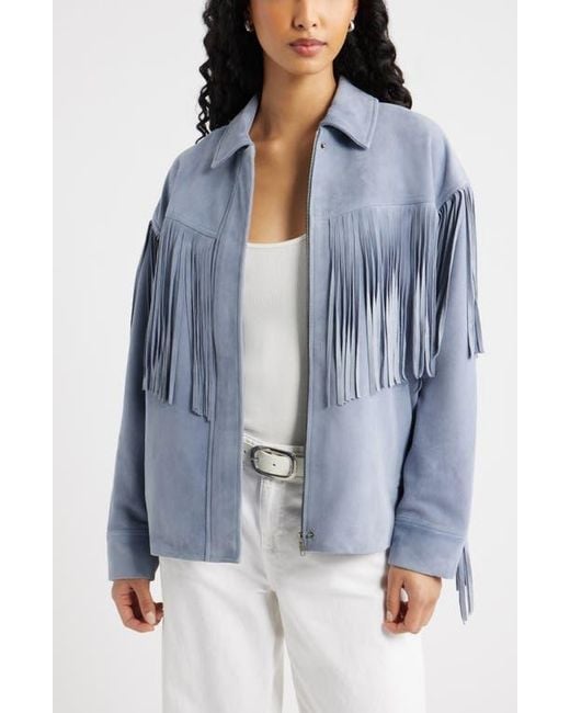 Open Edit Blue Fringe Suede Jacket