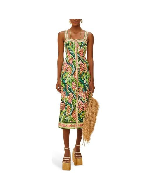 FARM Rio Women's Yellow Heli Leaves Button Front Linen Midi Dress