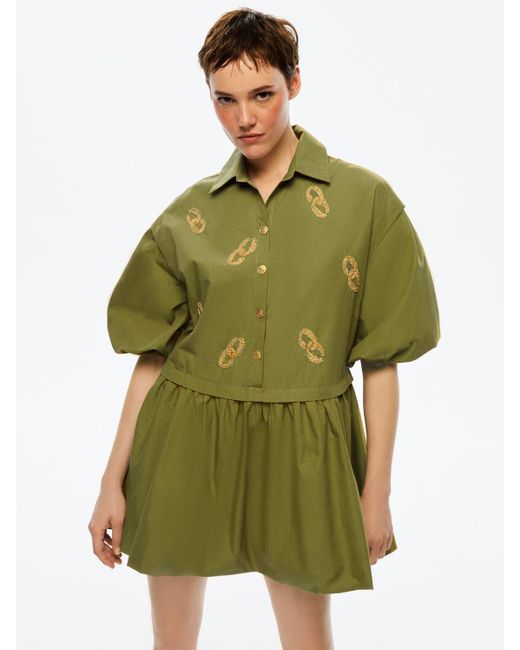 Nocturne Green Embroidered Balloon Sleeve Dress