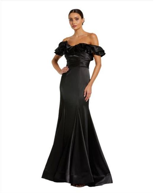 Mac Duggal Black Satin Ruffle Off The Shoulder Mermaid Gown