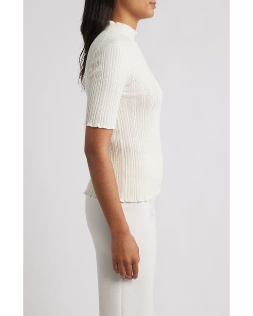 Anne Klein White Mock Neck Short Sleeve Cotton Blend Sweater