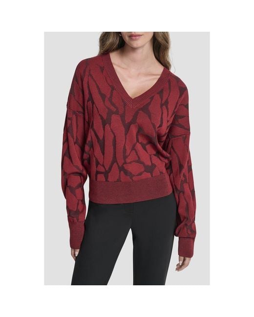 DKNY Red Jacquard V-Neck Sweater