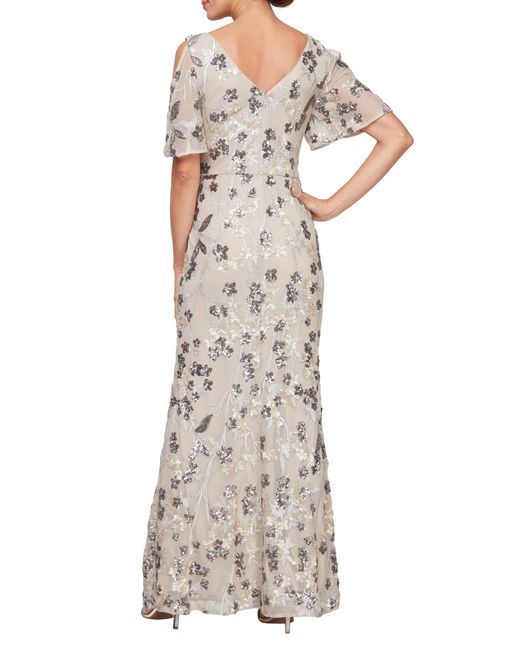 Alex Evenings Multicolor Sequin Embroidered Flutter Sleeve Sheath Gown