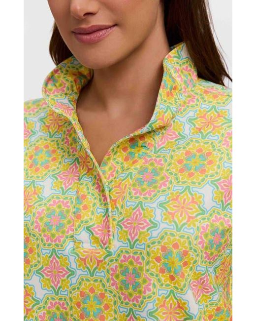 Foxcroft Yellow Tammy Tile Print Ruffle Collar Top