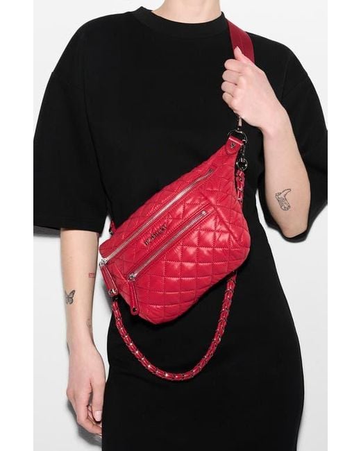 MZ Wallace Red Small Crosby Quilted Nylon Convertible Sling Bag
