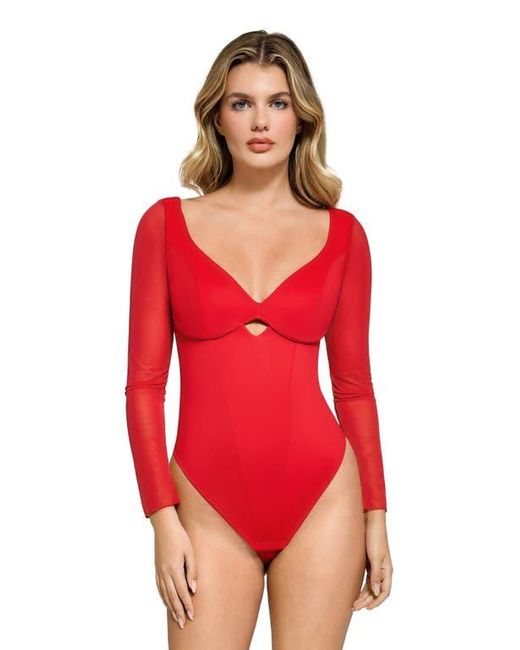 Popilush Red Shapewear Mesh Sleeve Cutout Sweetheart Sculpting Bodysuit