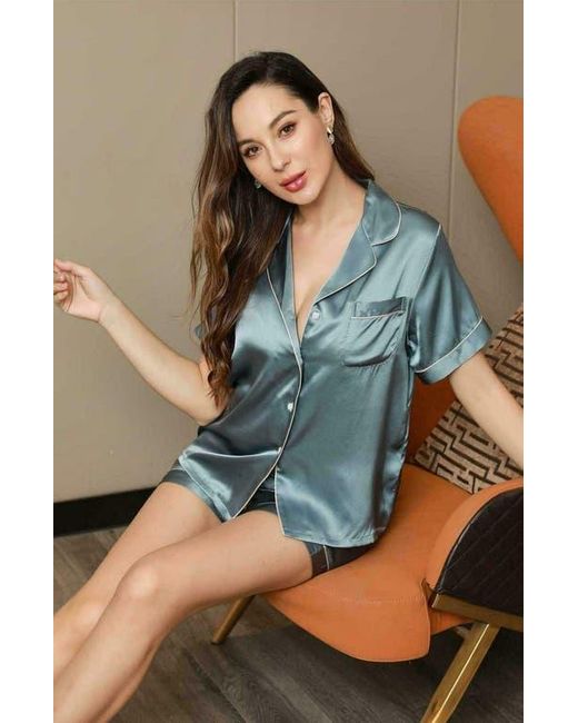 Siksilk Blue Pure Silk Pajamas Short Pjs Set 2Pcs