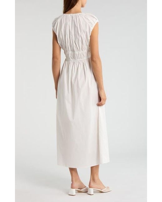 Wayf White Liv Ruched Stretch Cotton Poplin Midi Dress