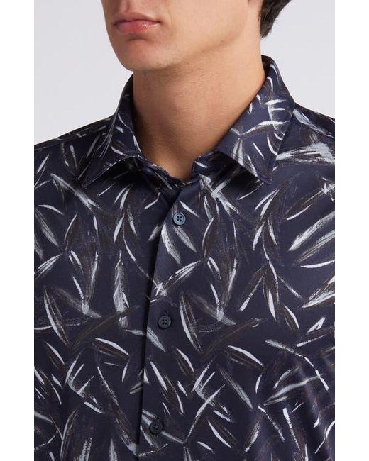 Boss Blue Roan Slim Fit Leaf Print Short Sleeve Stretch Button-Up Shirt for men