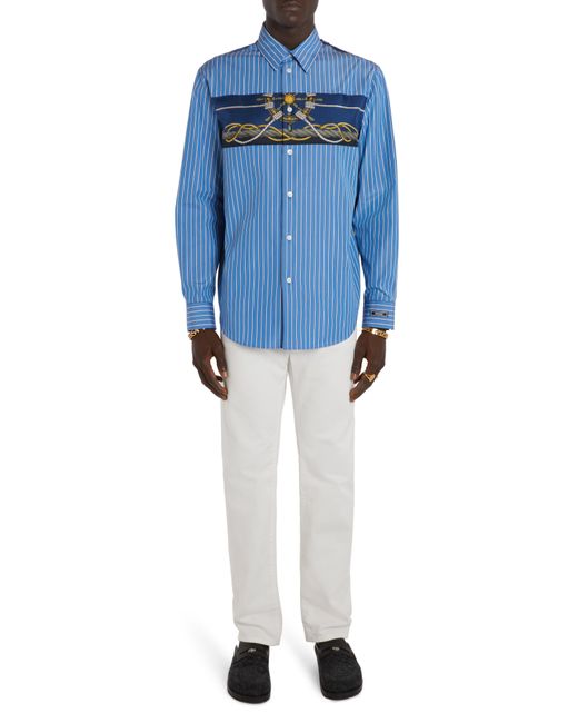 Versace Blue Nautical Stripe Cotton Poplin & Silk Button-up Shirt for men