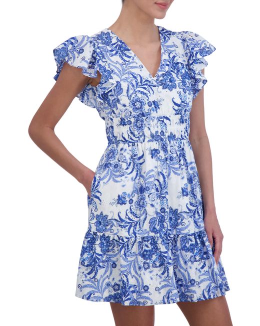 Eliza J Blue Floral Flutter Sleeve Fit & Flare Cotton Dress