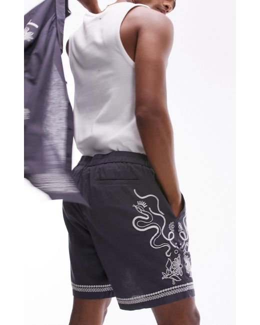 Topman Blue Embroidered Cotton & Linen Shorts for men